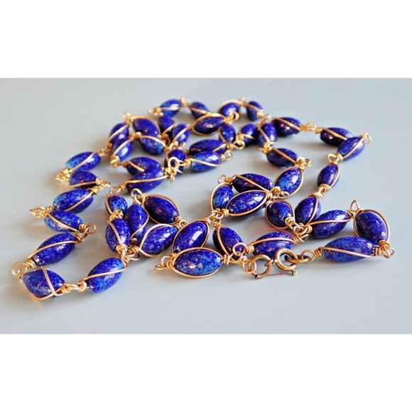 Lapis Lazuli Bead Copper Wire Wrapped Chain Link Long Single Strand Necklace 48" - Picture 4 of 14
